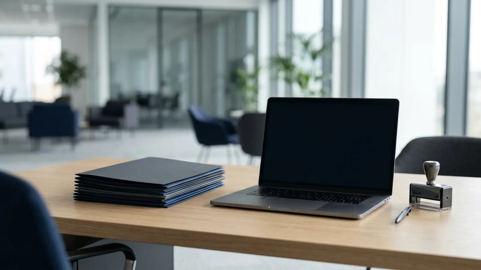 Escritorio de selección con carpetas de hojas de vida y portátil: bolsa de empleo en Ecuador