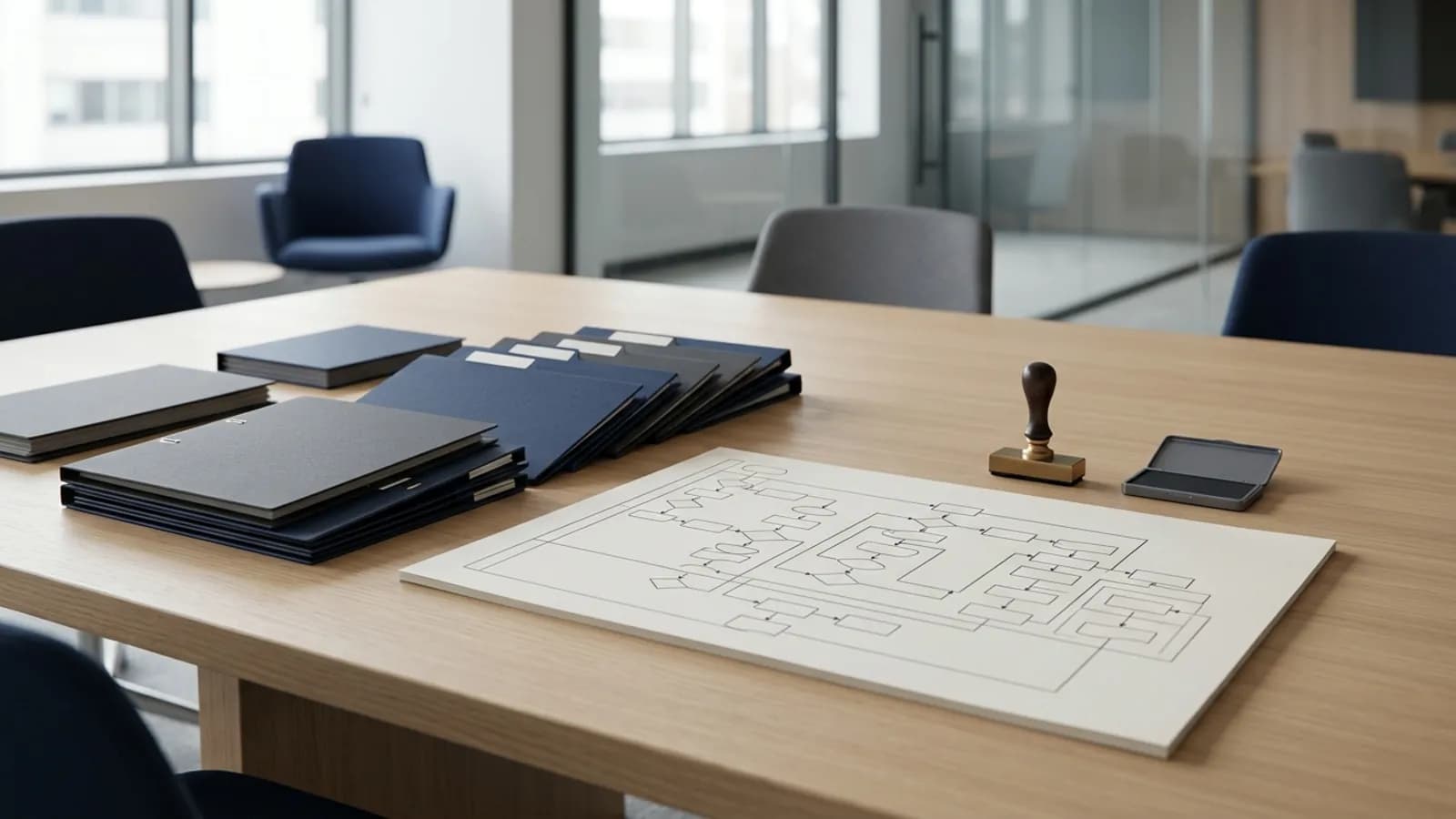 Diagrama de proceso impreso, sello y carpetas de procedimientos: gestión de procesos e ISO 9001 en Ecuador