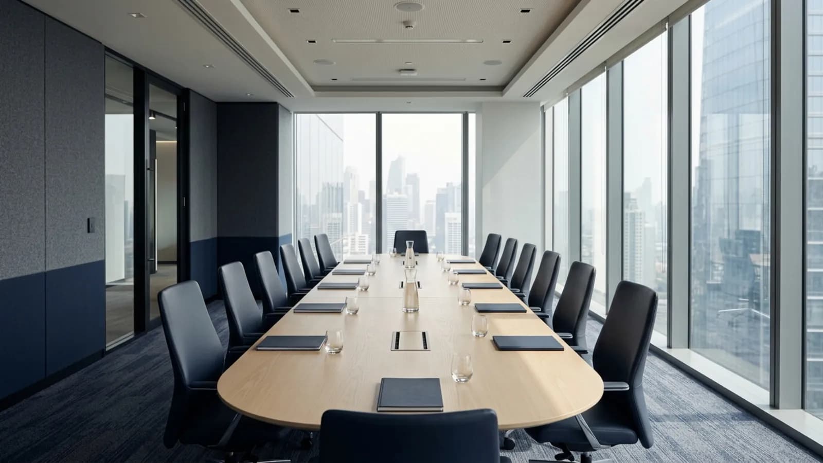 Sala de juntas luminosa de una firma consultora en Ecuador, con mesa ovalada y vista urbana