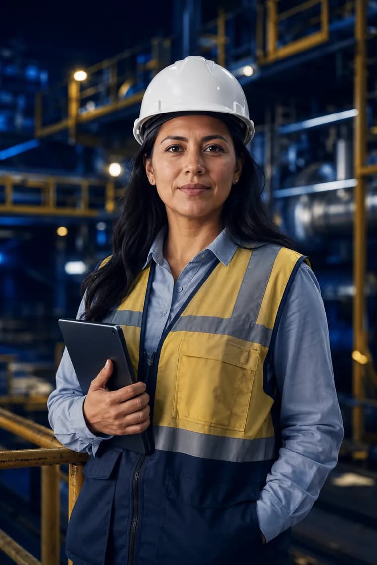 Ingeniera de seguridad y salud ocupacional con casco y tablet en una planta industrial en Ecuador
