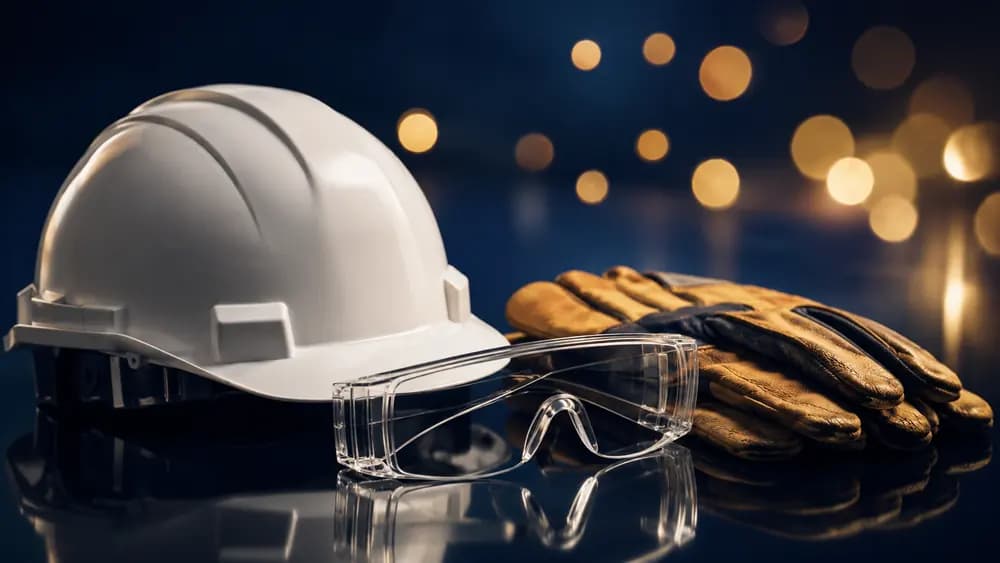 Equipo de protección personal: casco, gafas de seguridad y guantes de trabajo