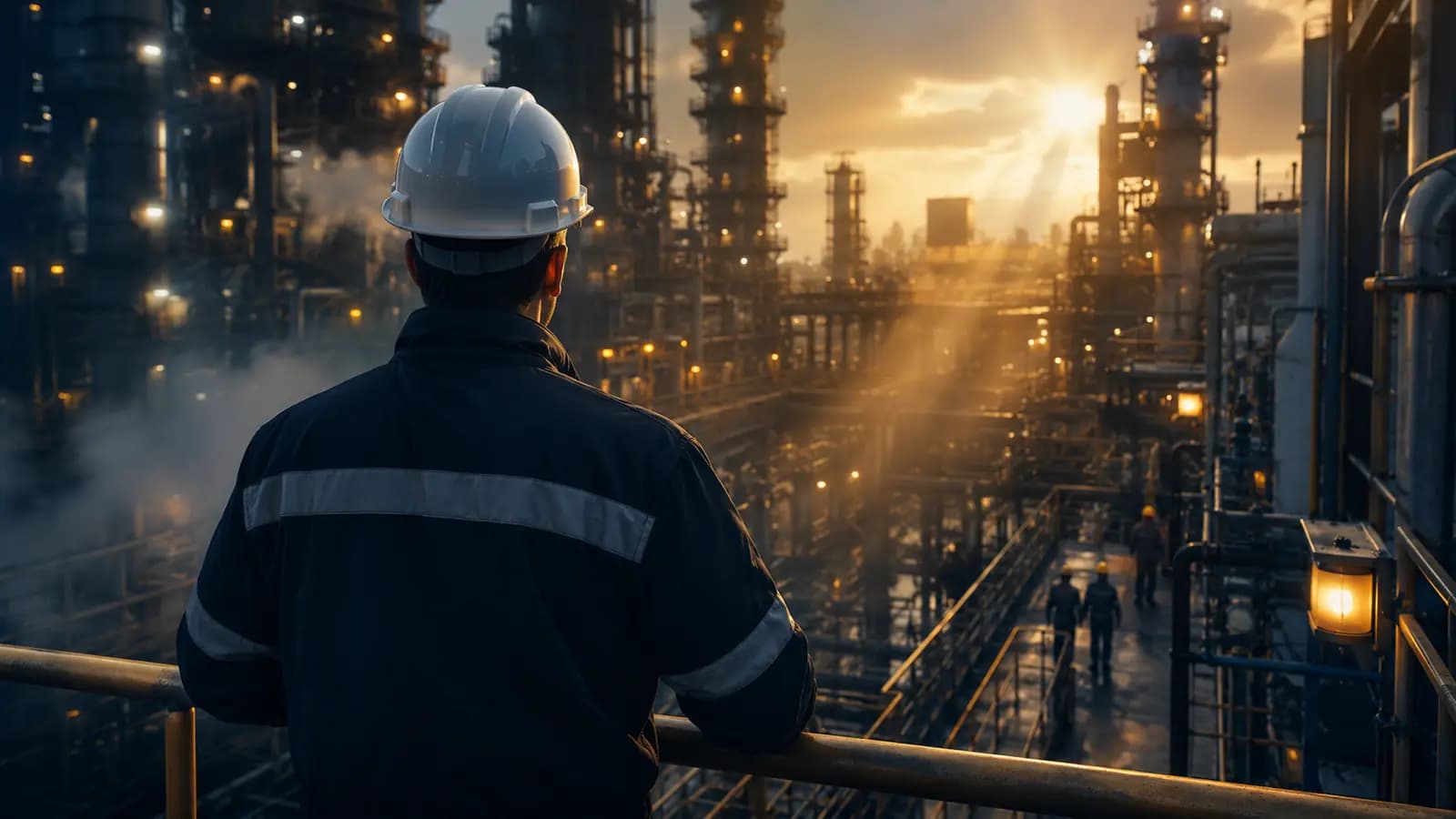 Profesional de seguridad supervisando una planta industrial al atardecer en Ecuador