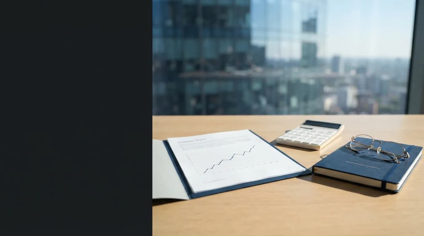 Carpeta abierta con una tabla de indicadores económicos y una gráfica de línea sobre un escritorio, frente a la fachada de vidrio de un edificio financiero