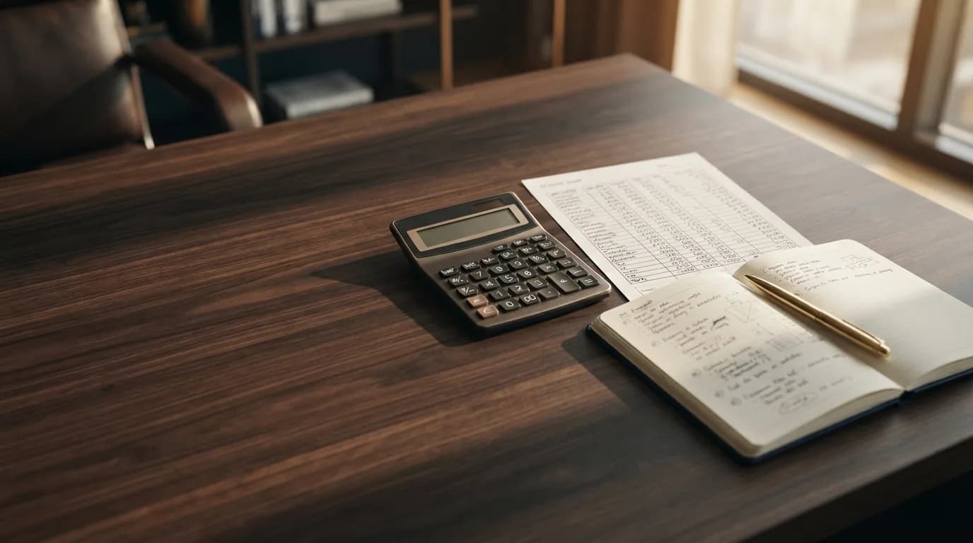 Calculadora, planillas de nómina con tablas y un gráfico de barras sobre una superficie azul oscuro
