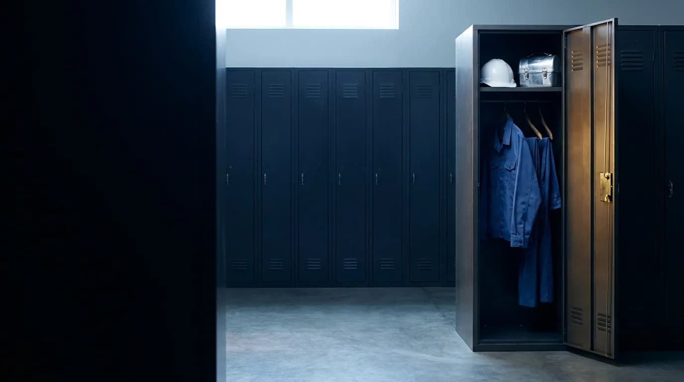 Vestuario de planta con una fila de casilleros cerrados y uno abierto que muestra un casco de seguridad blanco, una lonchera metálica en el estante y dos uniformes azules colgados