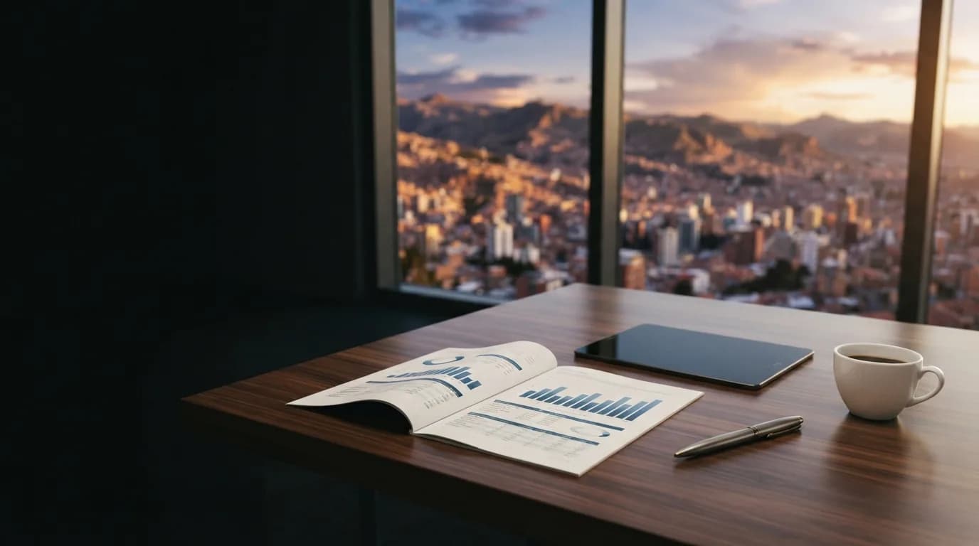 Informe impreso con gráficos de barras y tablas sobre una mesa de reuniones, frente a un ventanal con vista a Quito al atardecer