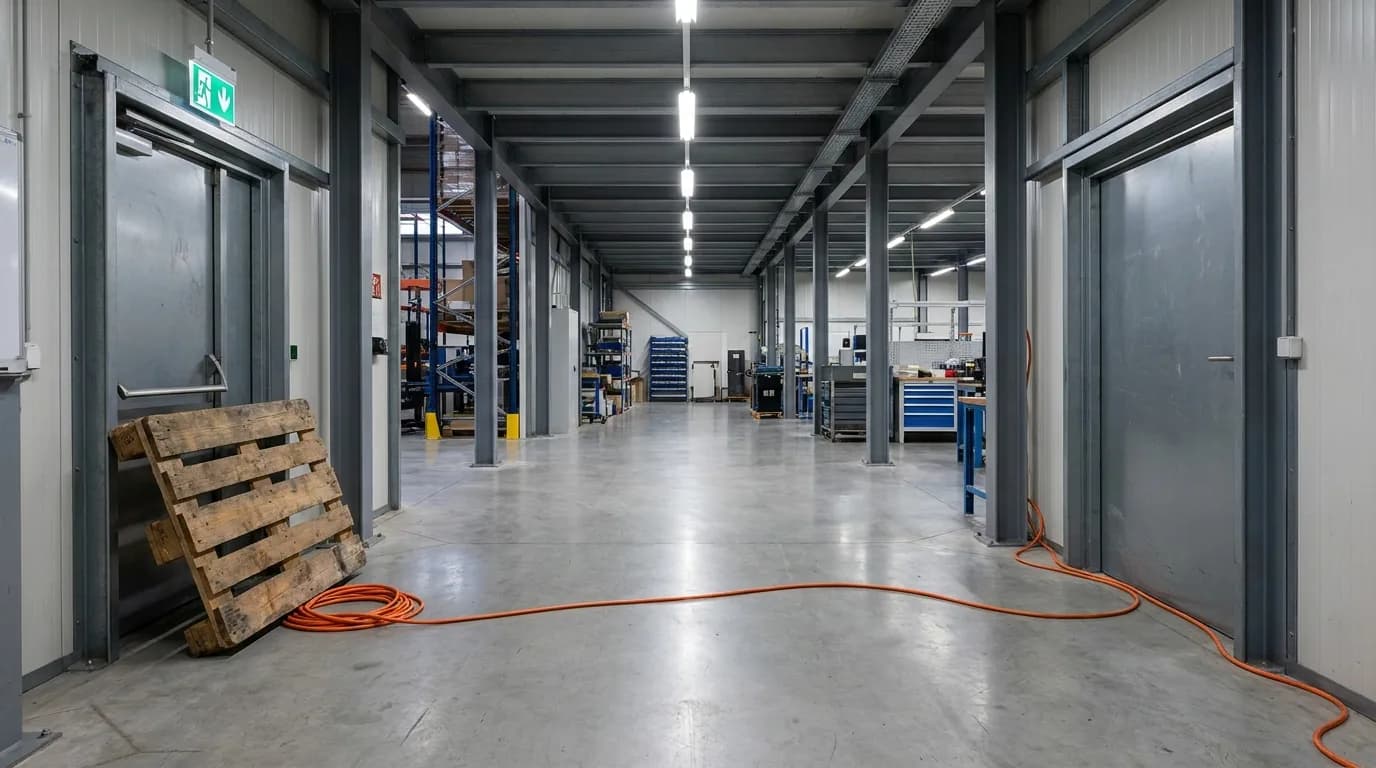 Pasillo industrial con un cable naranja cruzando el piso y un pallet de madera junto a una salida de emergencia.