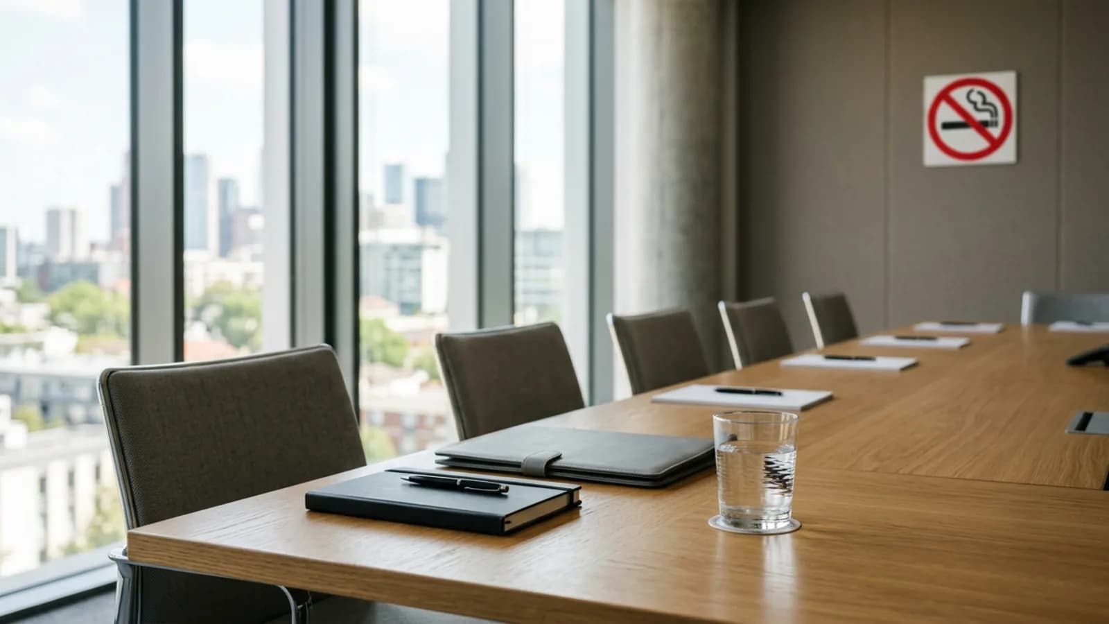 Sala de capacitación de empresa con sillas vacías y señal circular de prohibido fumar en la pared