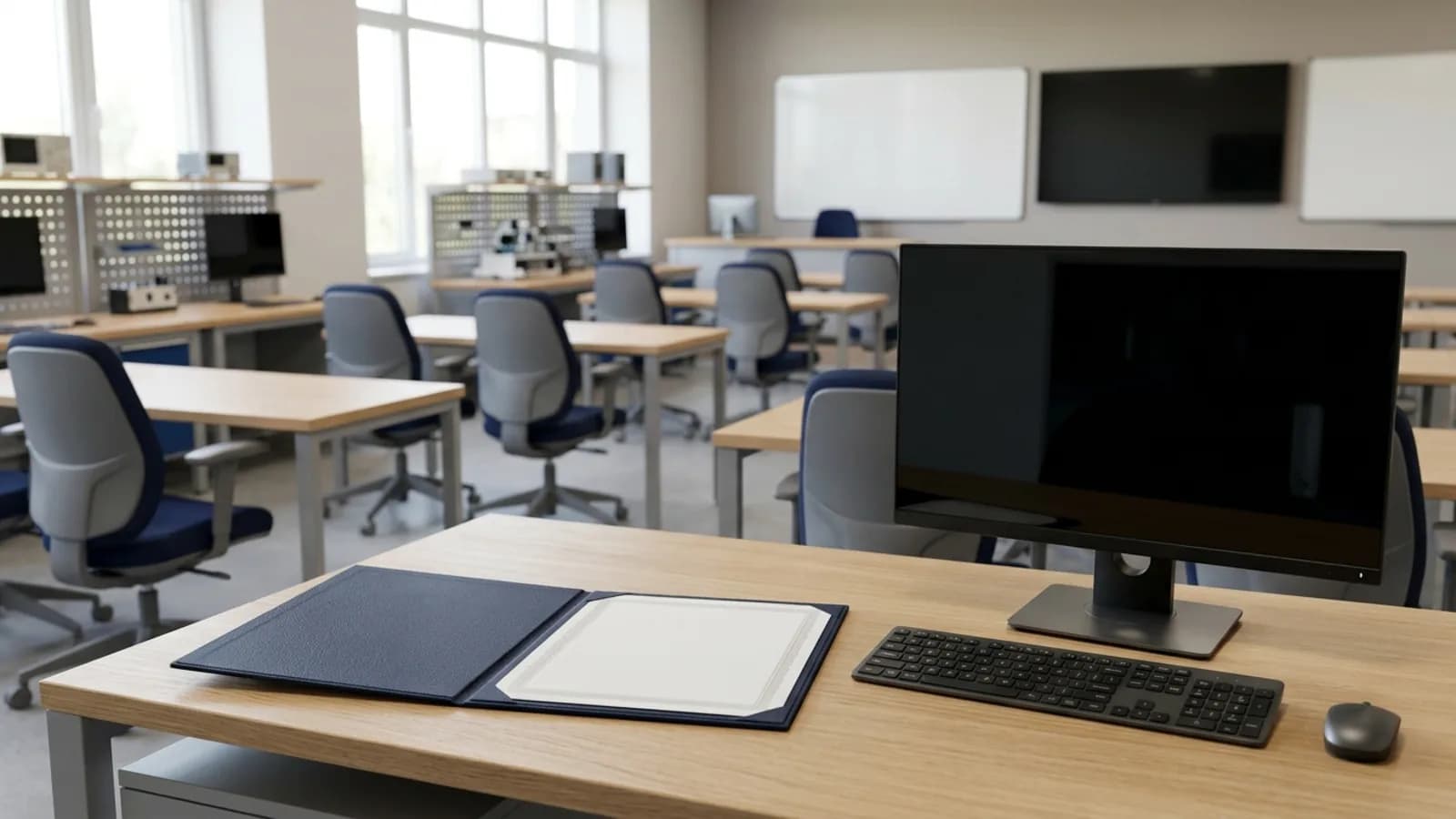 Aula de formación vacía con portafolio y monitor de consulta: certificación SETEC en Ecuador