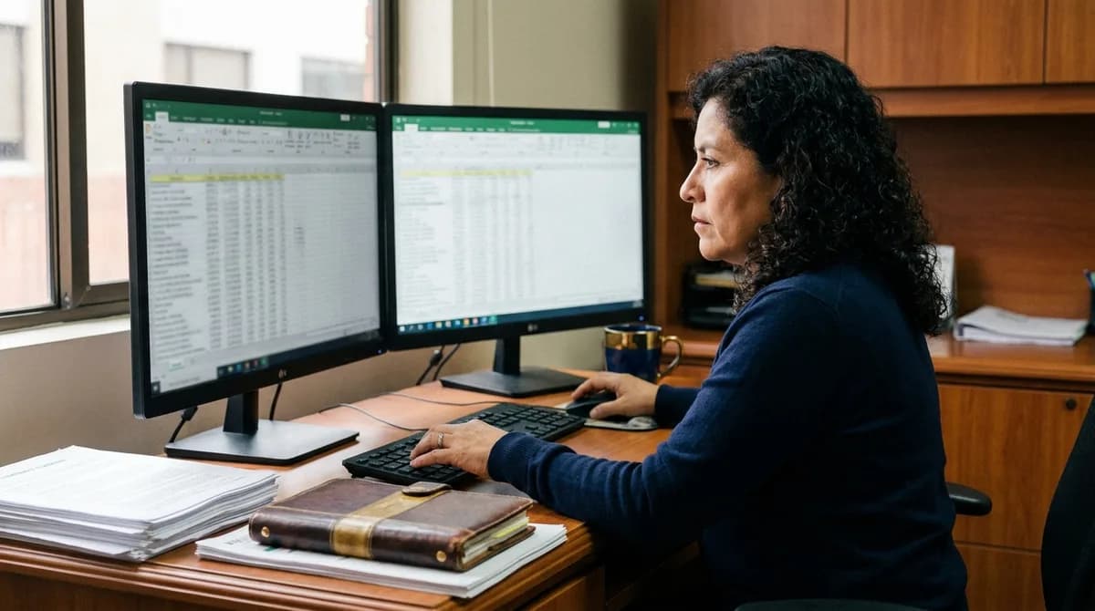 Analista de nómina compara opciones de software de nómina en el monitor junto a reportes impresos.