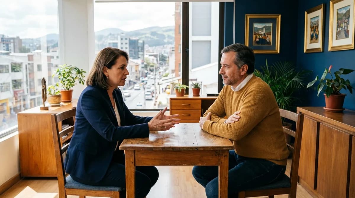 Dos colaboradores sostienen una conversación asertiva y respetuosa en una mesa de trabajo.