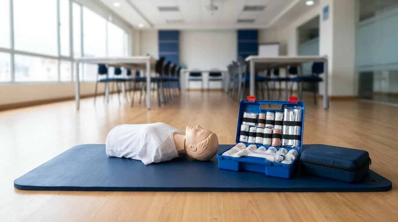 Maniquí de reanimación cardiopulmonar sobre una colchoneta azul junto a un botiquín rígido abierto y un maletín cerrado, en un aula de capacitación en Ecuador.
