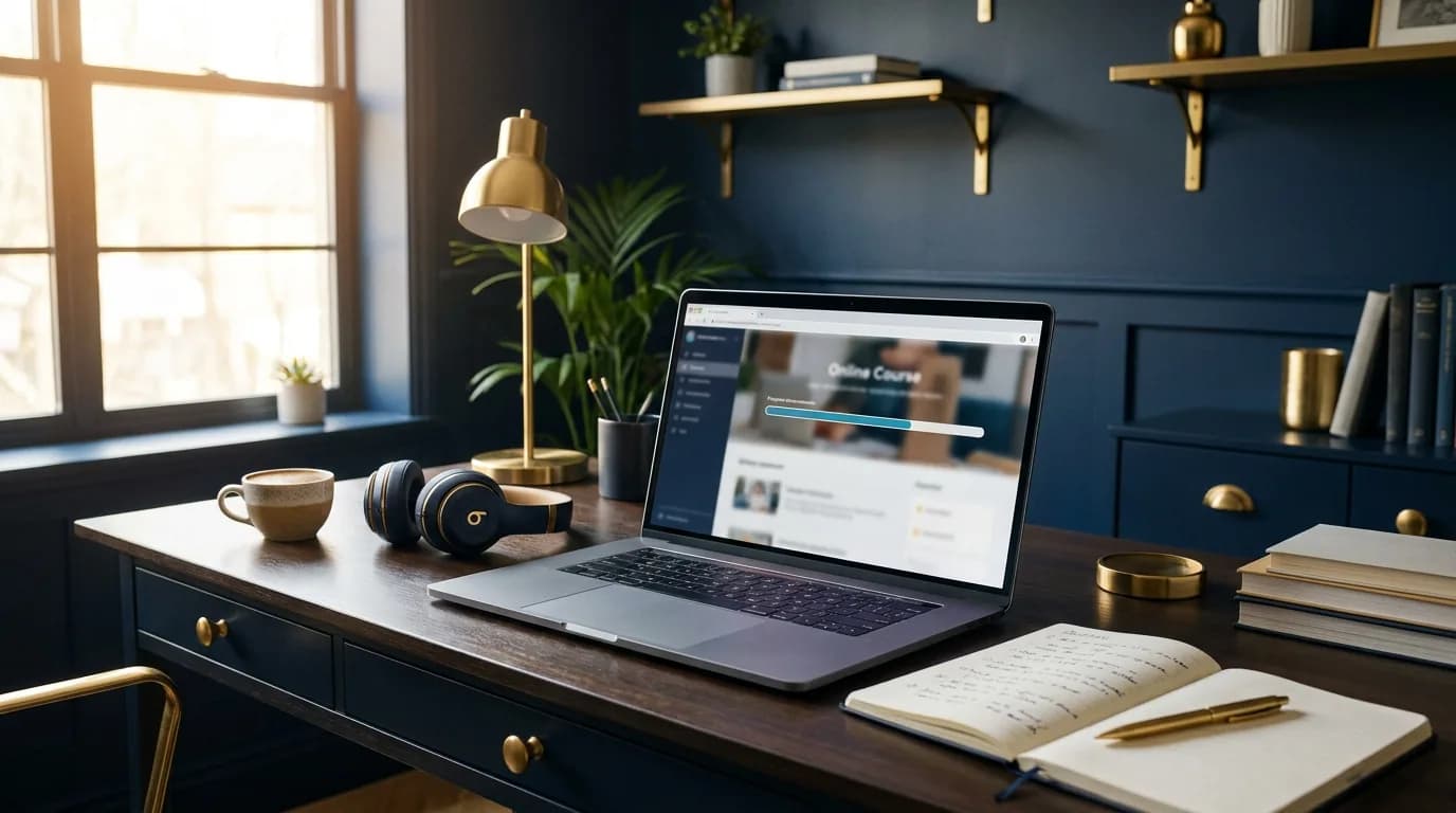 Escritorio de estudio con laptop mostrando una plataforma de cursos virtuales con certificado, cuaderno de apuntes, audífonos y taza de café.