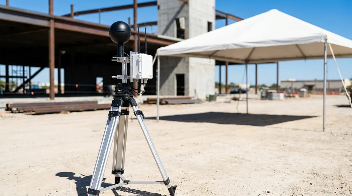 Monitor de estrés térmico con globo negro montado en trípode frente a una carpa de sombra en una obra de construcción.