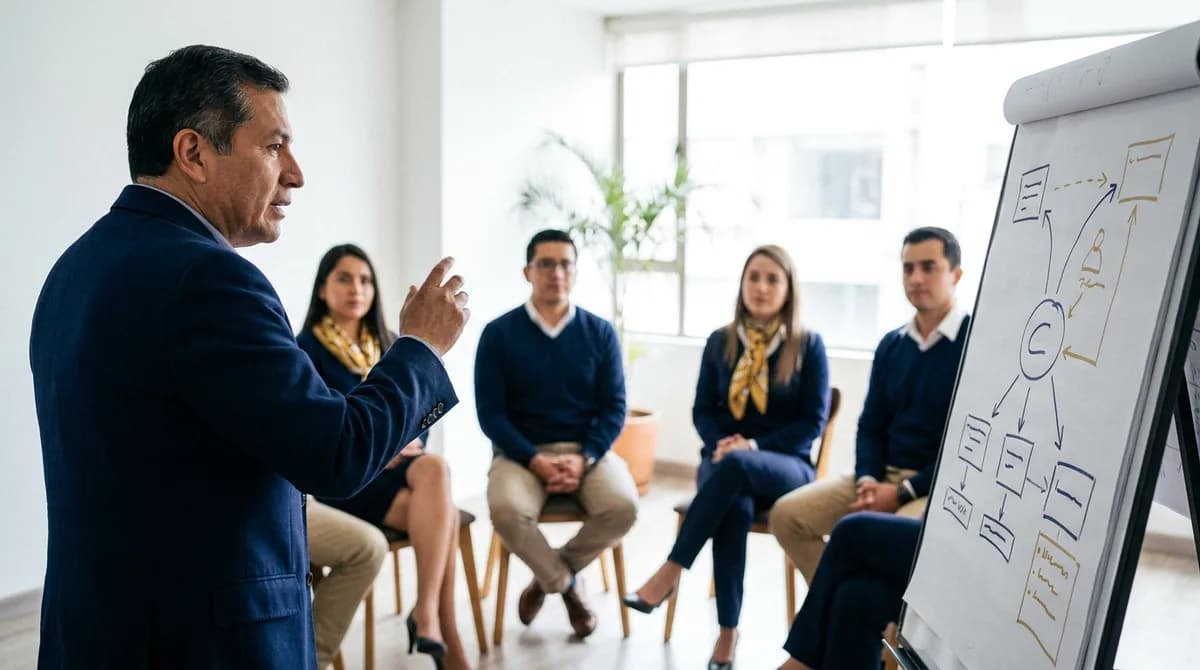 Facilitador interno dirige un taller con un grupo de colaboradores junto a un rotafolio con diagramas.