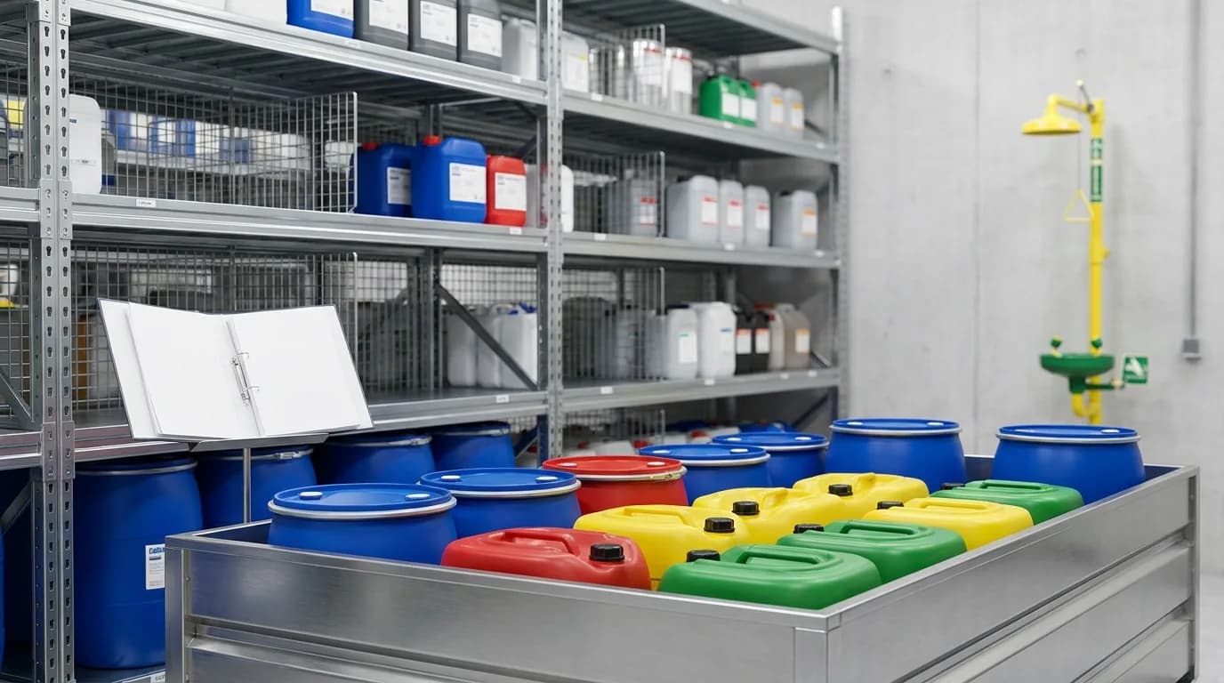 Bidones y garrafas de colores sobre un cubeto de contención en una bodega de químicos con ducha de emergencia al fondo.