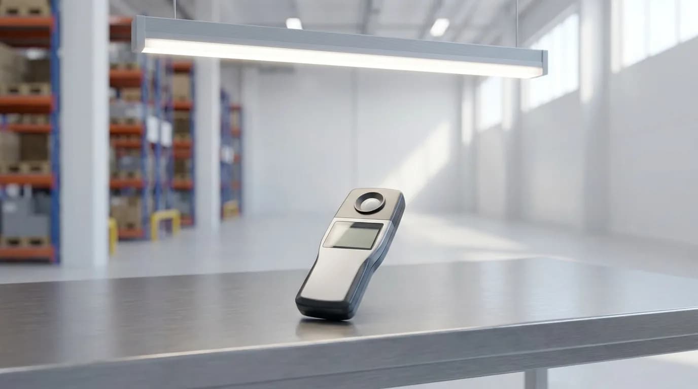 Luxómetro digital sobre una mesa de trabajo metálica bajo una luminaria LED lineal en una nave industrial en Ecuador.