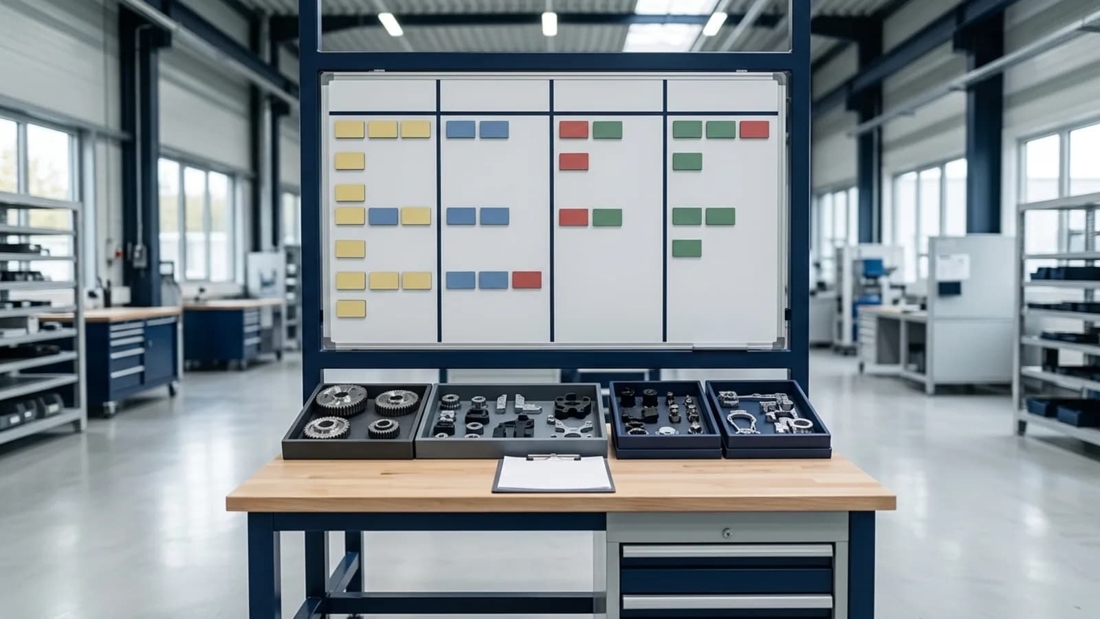 Tablero kanban de cuatro columnas y piezas de muestra en taller: Kaizen, Six Sigma y PDCA en Ecuador