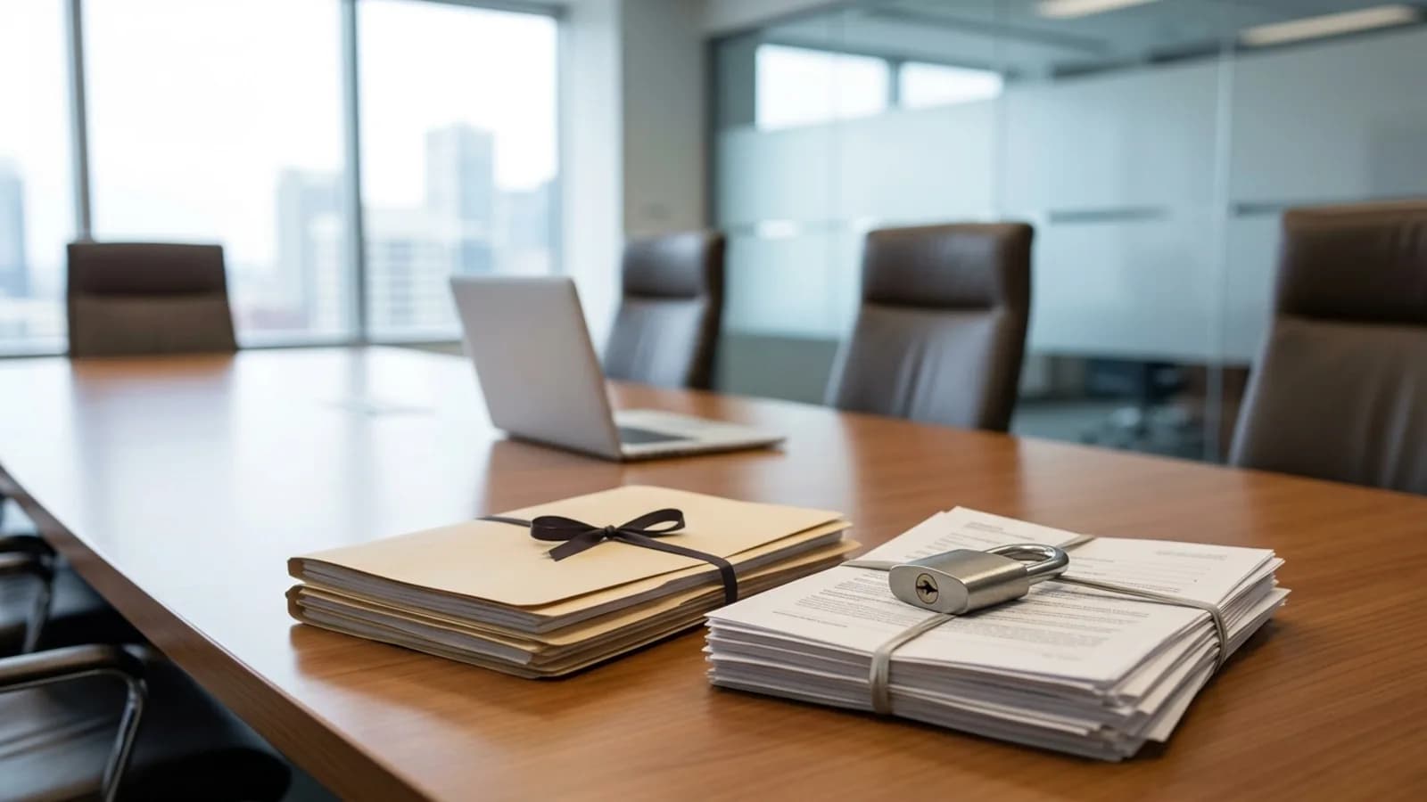 Carpetas de archivo y un candado cerrado sobre documentos en una mesa de directorio