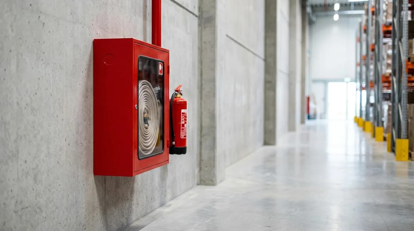 Gabinete contra incendios rojo con manguera junto a un extintor señalizado en el pasillo de una bodega industrial.