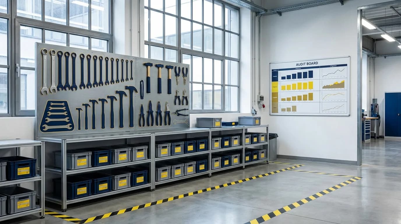 Puesto de trabajo industrial ordenado con la metodología 5S: tablero de herramientas con siluetas marcadas, zonas delimitadas en el piso y tablero de auditoría 5S con el avance por área
