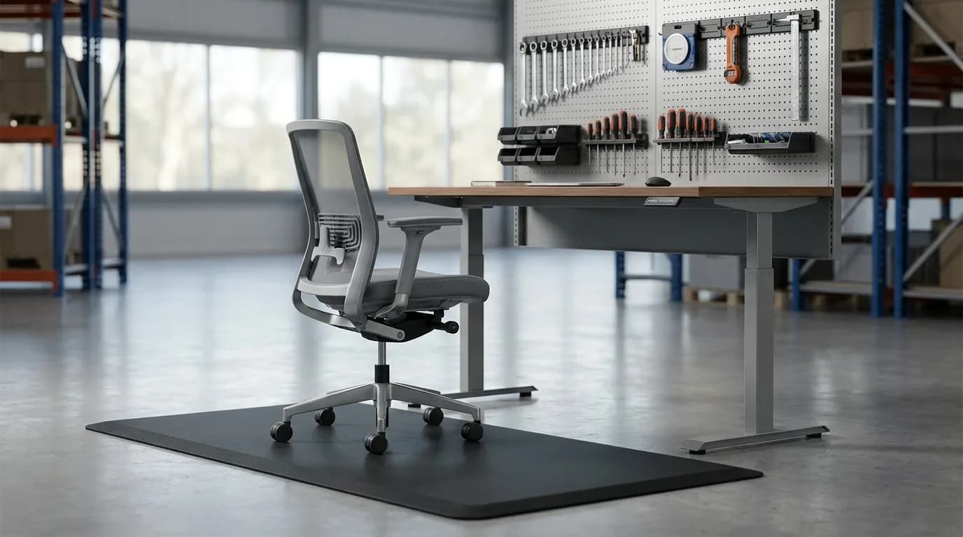 Puesto de trabajo con silla ergonómica regulable, mesa de altura ajustable y tapete antifatiga en una planta industrial.