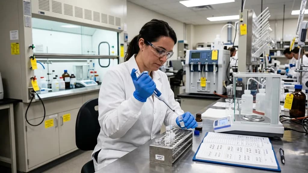 Analista pipeteando una muestra junto a una balanza analítica en un laboratorio de ensayo acreditado bajo ISO 17025
