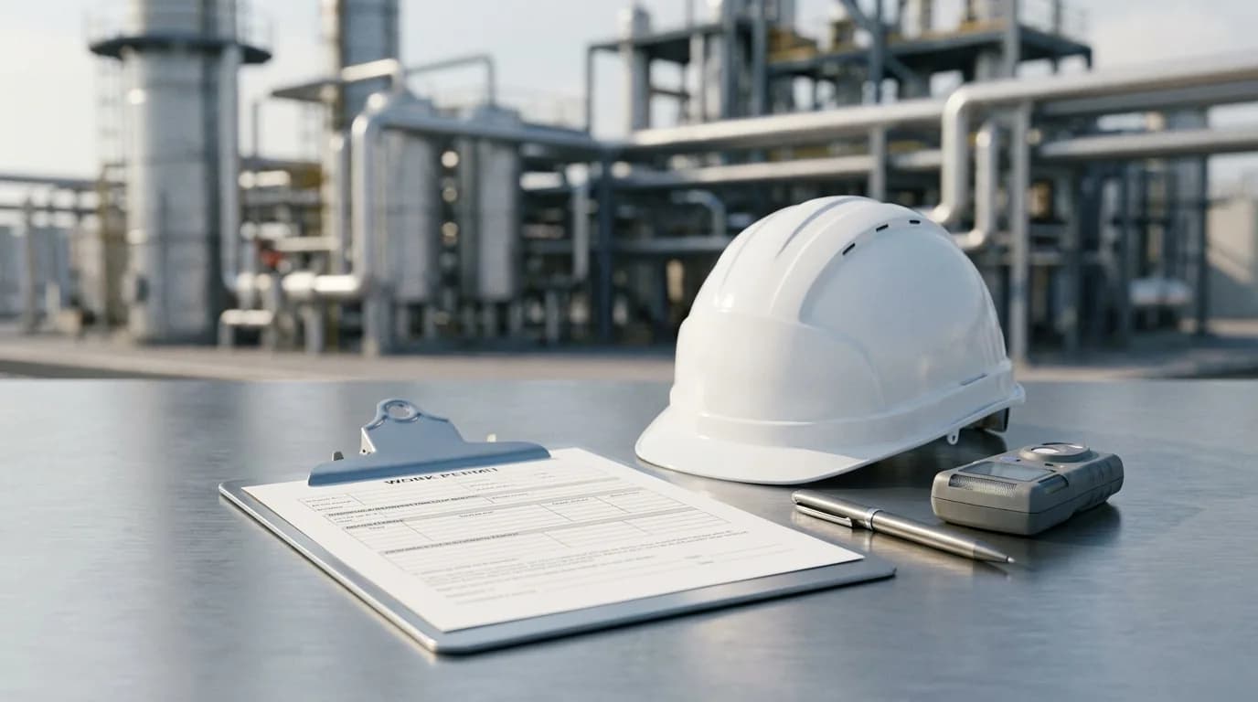 Formulario de permiso de trabajo en una tablilla portapapeles junto a un casco blanco y un detector portátil de gases.