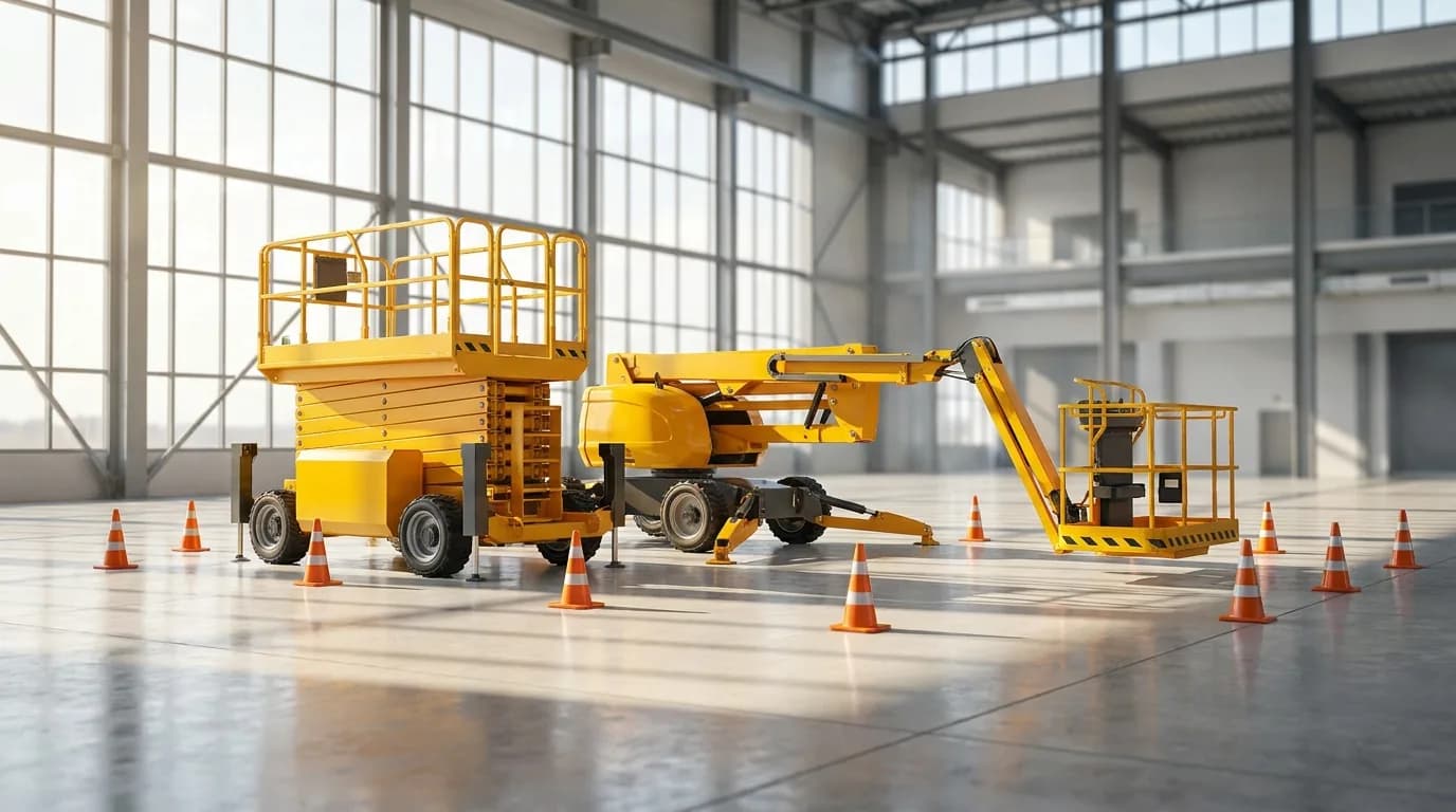 Plataforma elevadora de tijera y plataforma de brazo articulado amarillas, con estabilizadores desplegados y el área delimitada con conos, en una nave industrial luminosa.