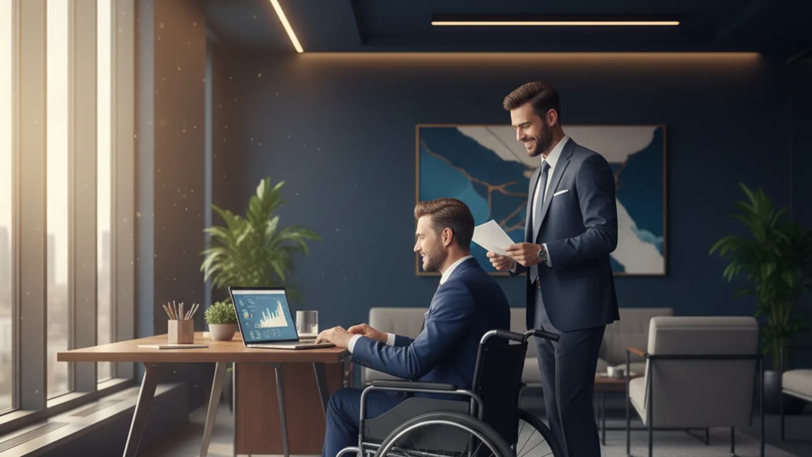 Profesional en silla de ruedas trabajando en una oficina moderna en Ecuador junto a un colega, en igualdad de condiciones.