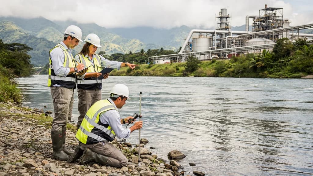 Equipo consultor levanta datos de línea base junto a un río, frente a una planta industrial.