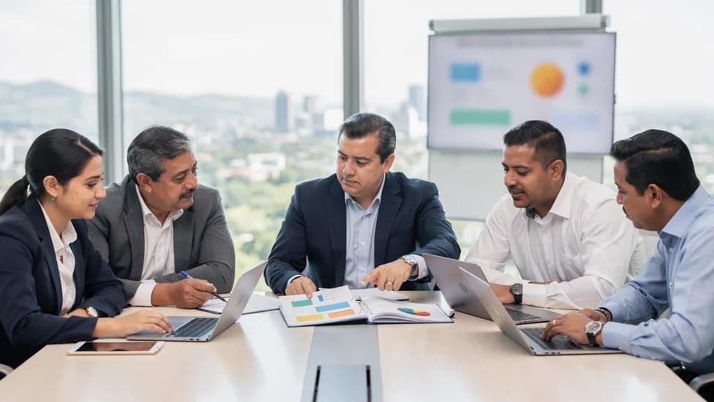 Equipo analizando los factores del entorno que afectan a la empresa en una sesión de estrategia.