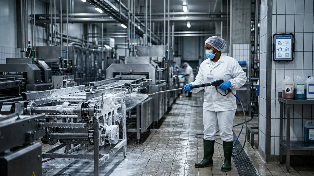 Operario de planta de alimentos aplicando espuma desinfectante sobre una banda transportadora durante la limpieza postoperacional (POES)