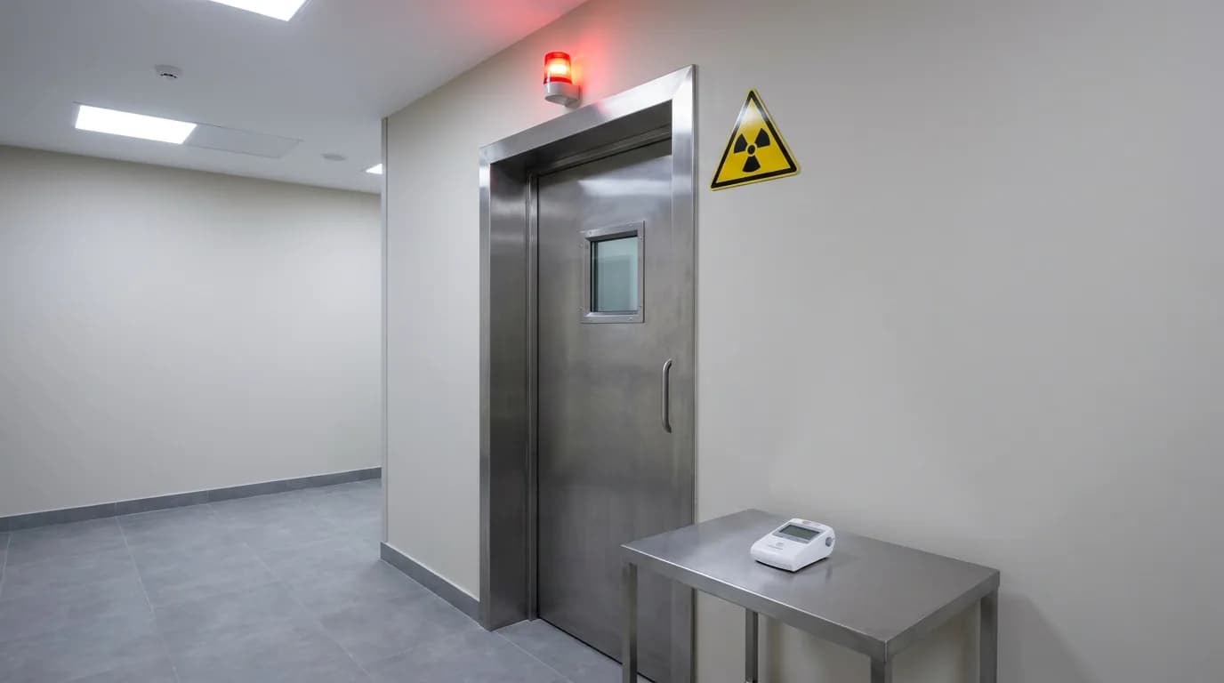 Señal amarilla de peligro radiactivo en la puerta de una sala blindada junto a un dosímetro personal sobre la mesa.