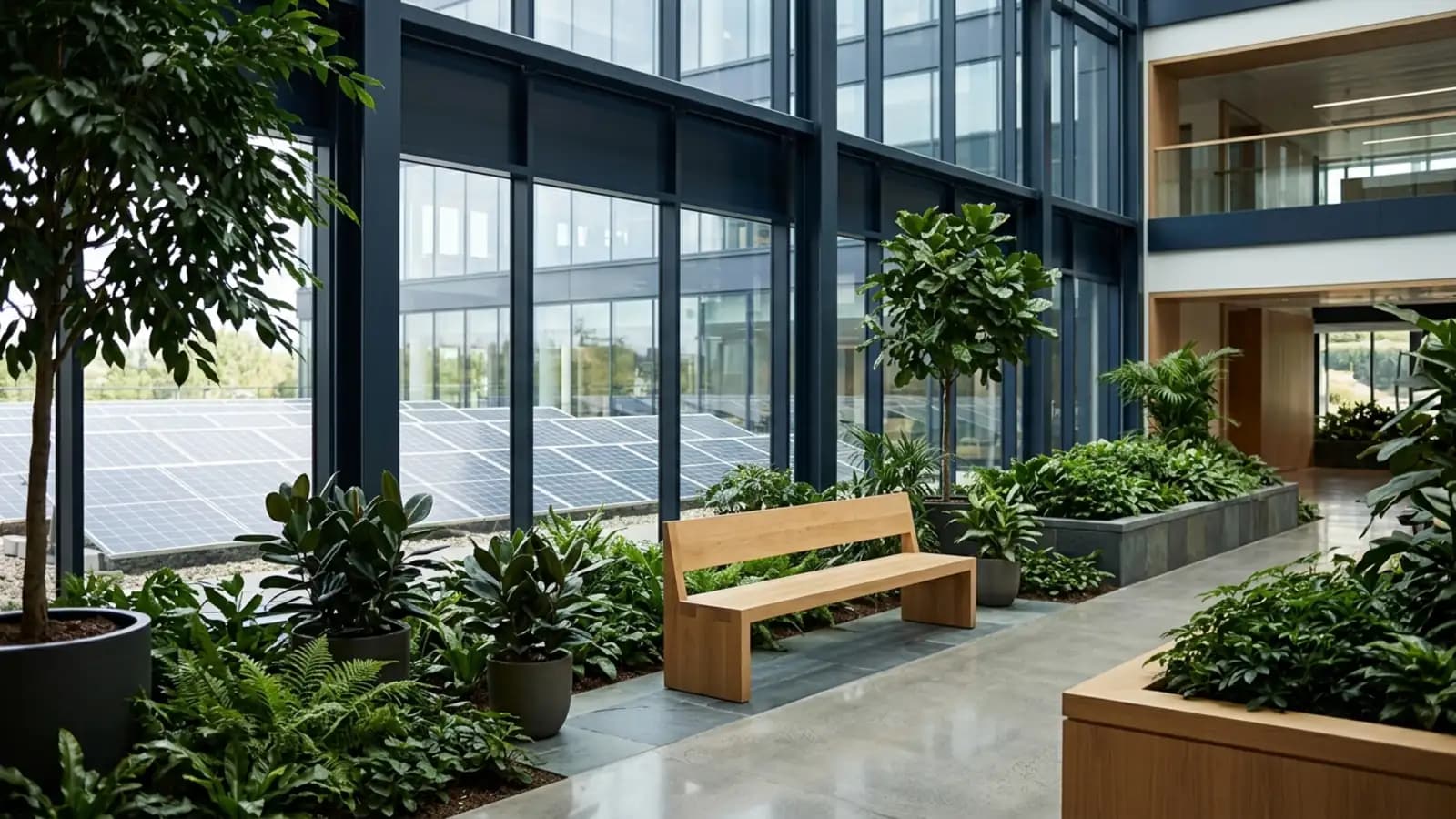 Jardín interior de oficina con paneles solares al fondo: responsabilidad social corporativa en empresas de Ecuador