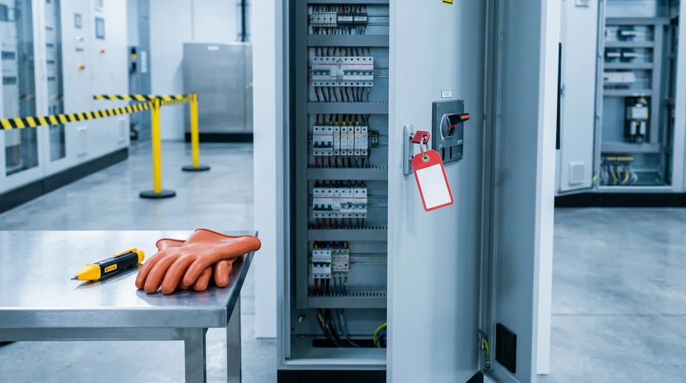 Tablero eléctrico abierto con candado de bloqueo rojo y tarjeta de prohibición en el interruptor, guantes dieléctricos y detector de tensión sobre la mesa.