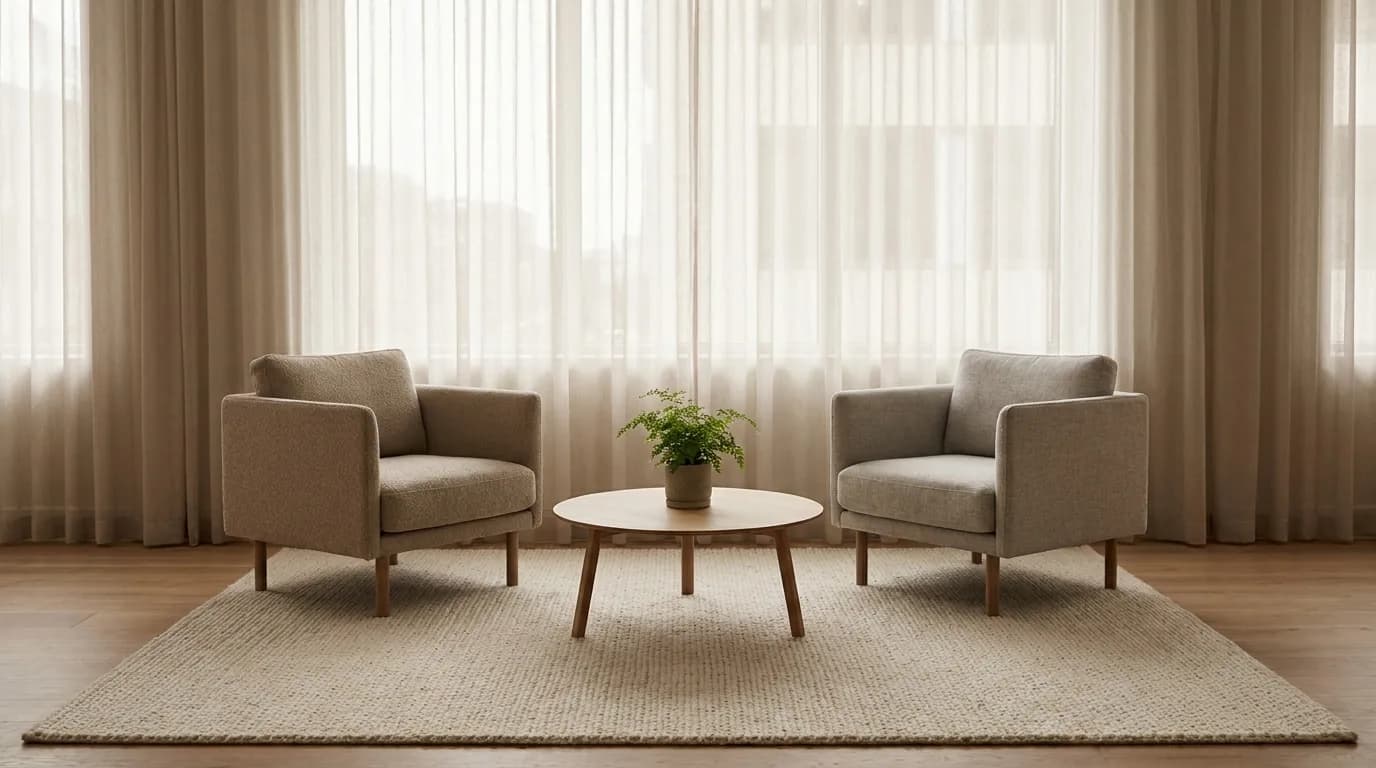 Sala de bienestar con dos sillones enfrentados, mesa baja con una planta y cortinas que difunden la luz natural.