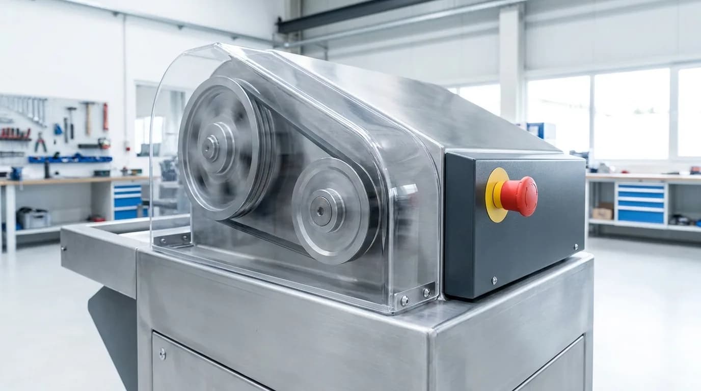 Máquina industrial con resguardo transparente sobre la transmisión de poleas y un pulsador de parada de emergencia rojo.