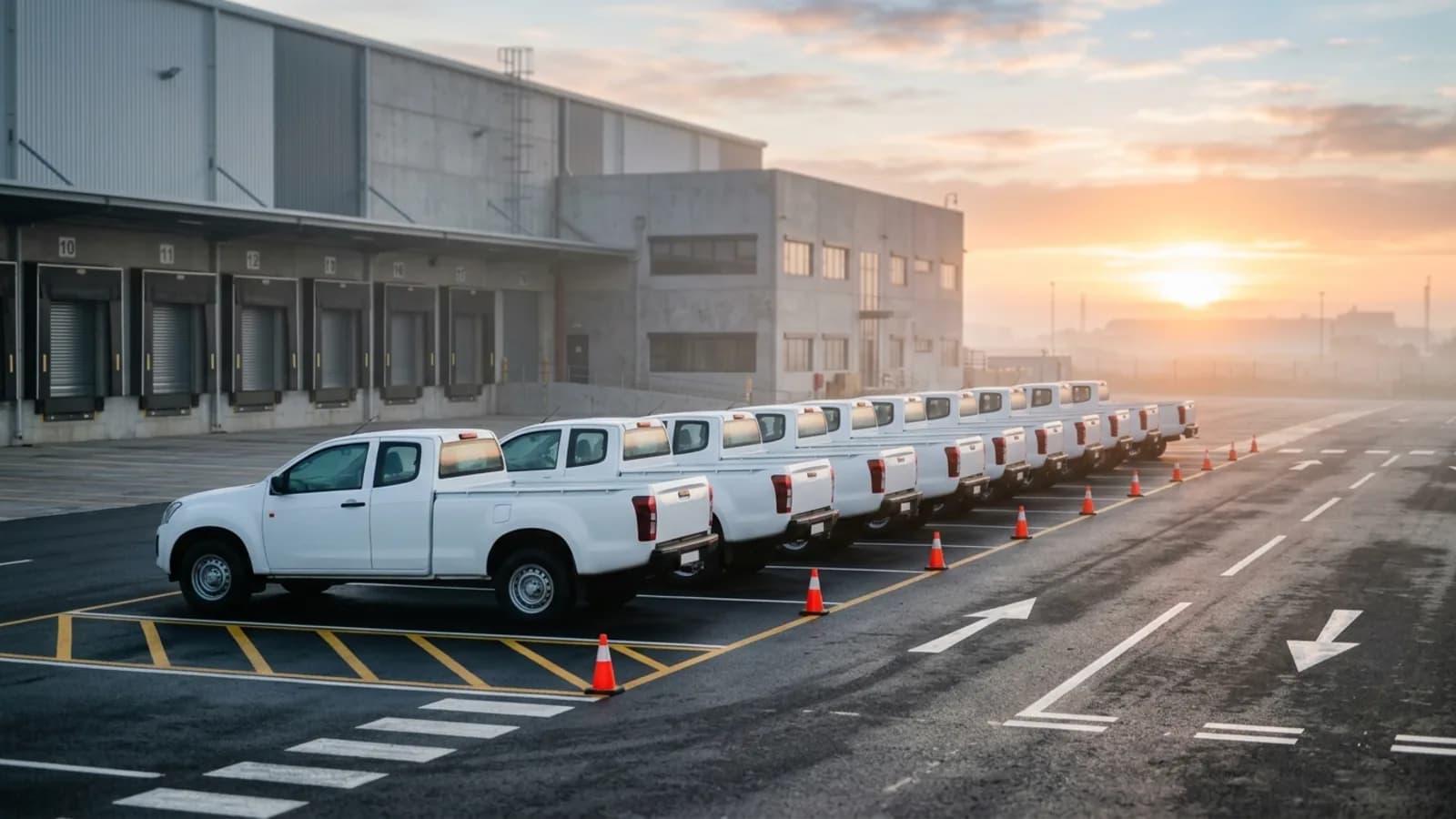 Flota de camionetas de empresa estacionada en el patio de una bodega industrial con señalización vial