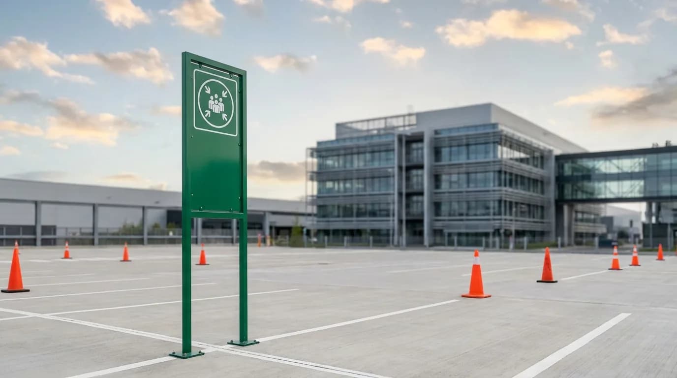 Señal verde de punto de encuentro y conos naranjas en el estacionamiento exterior de un edificio corporativo.