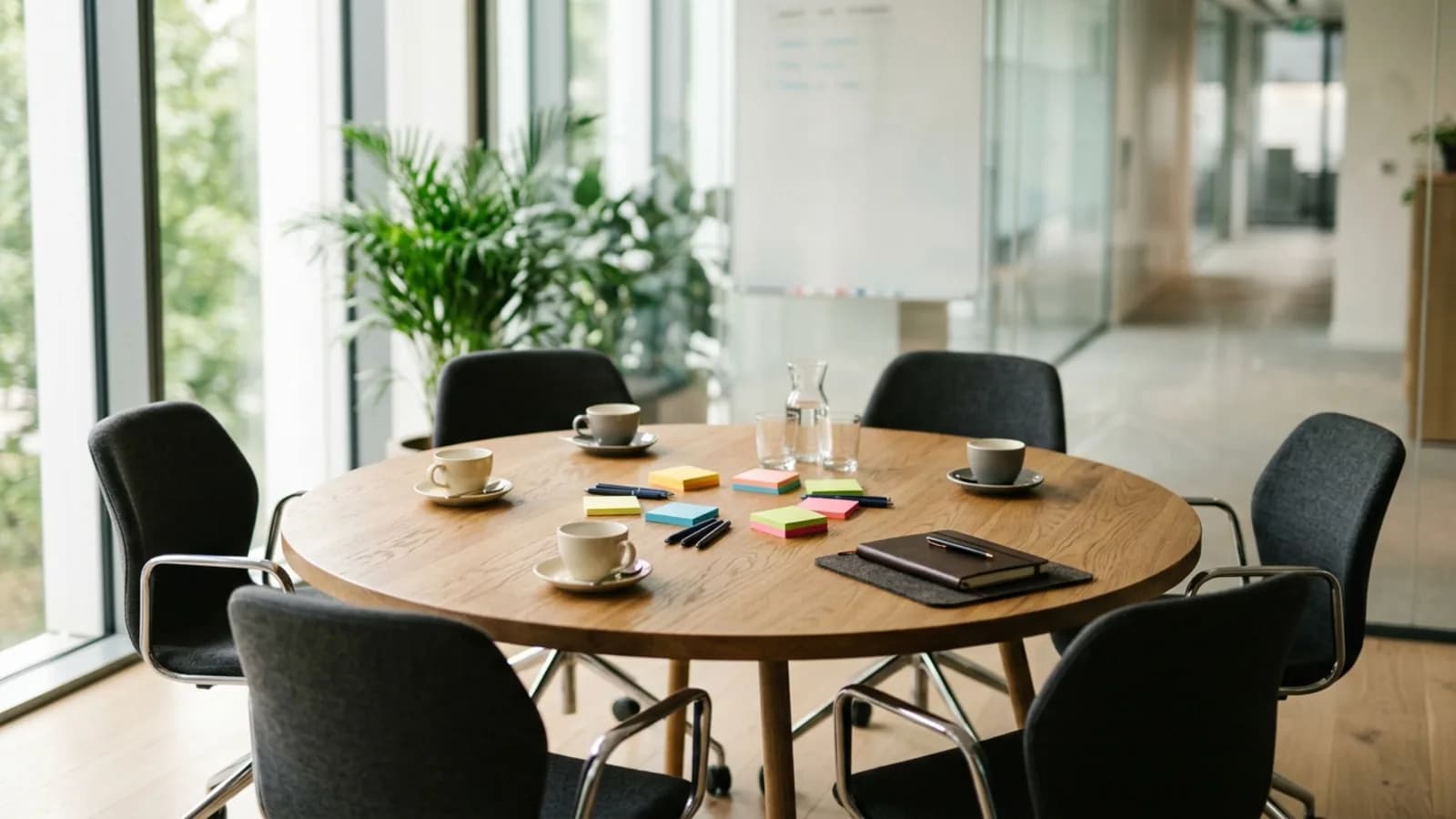 Mesa redonda de reuniones con sillas, tazas y notas adhesivas en una sala de trabajo vacía