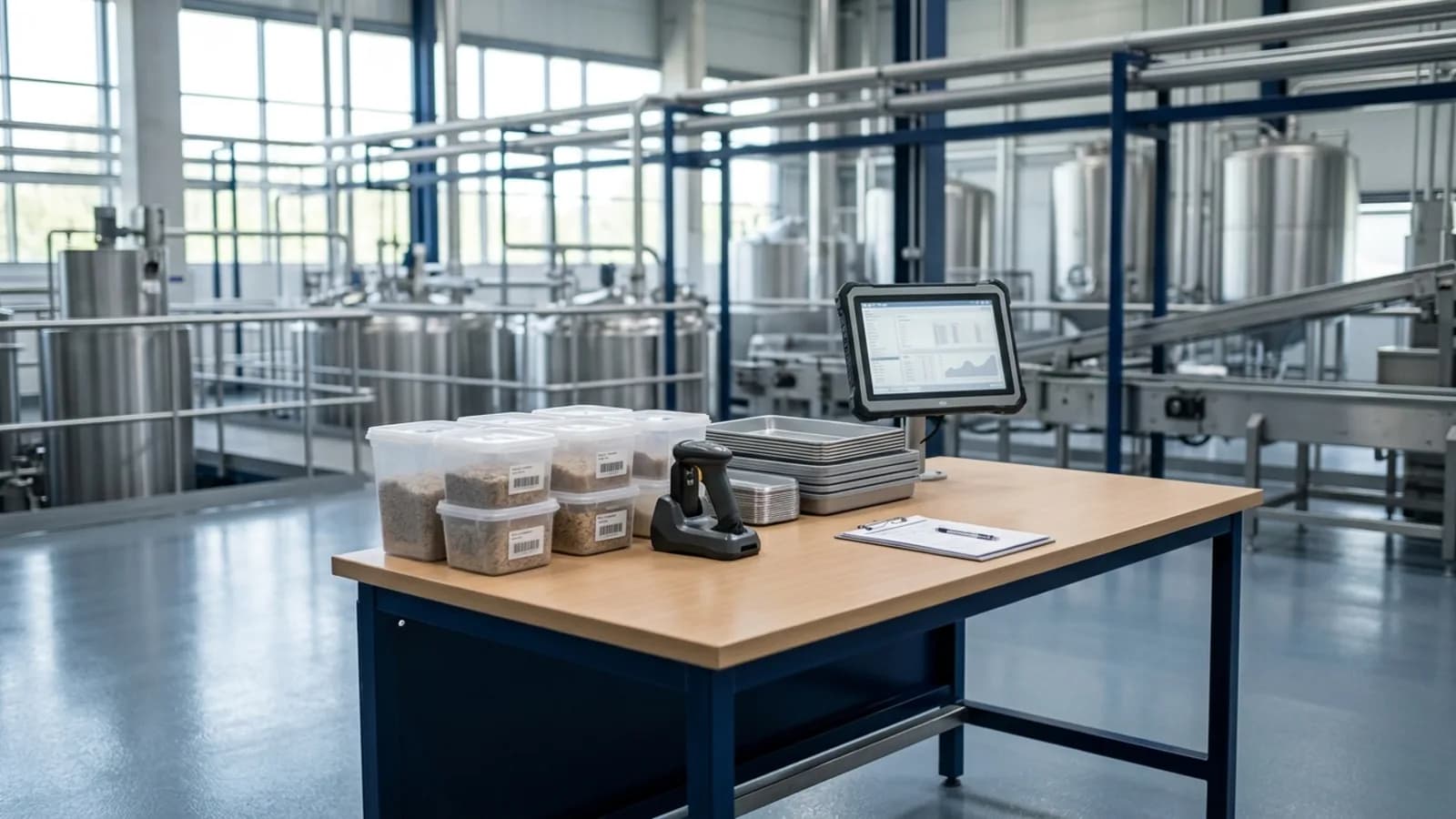 Mesa de control con envases de lote y lector de códigos en planta: trazabilidad de alimentos en Ecuador