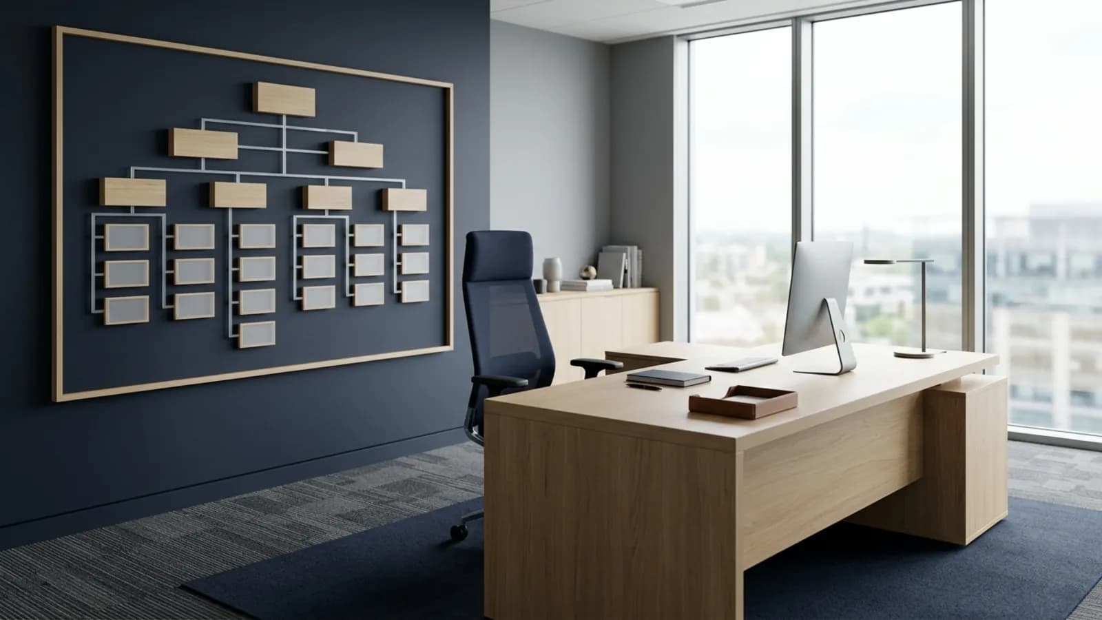 Despacho de dirección vacío con escritorio de madera y organigrama en la pared: sueldos de dirección en Ecuador