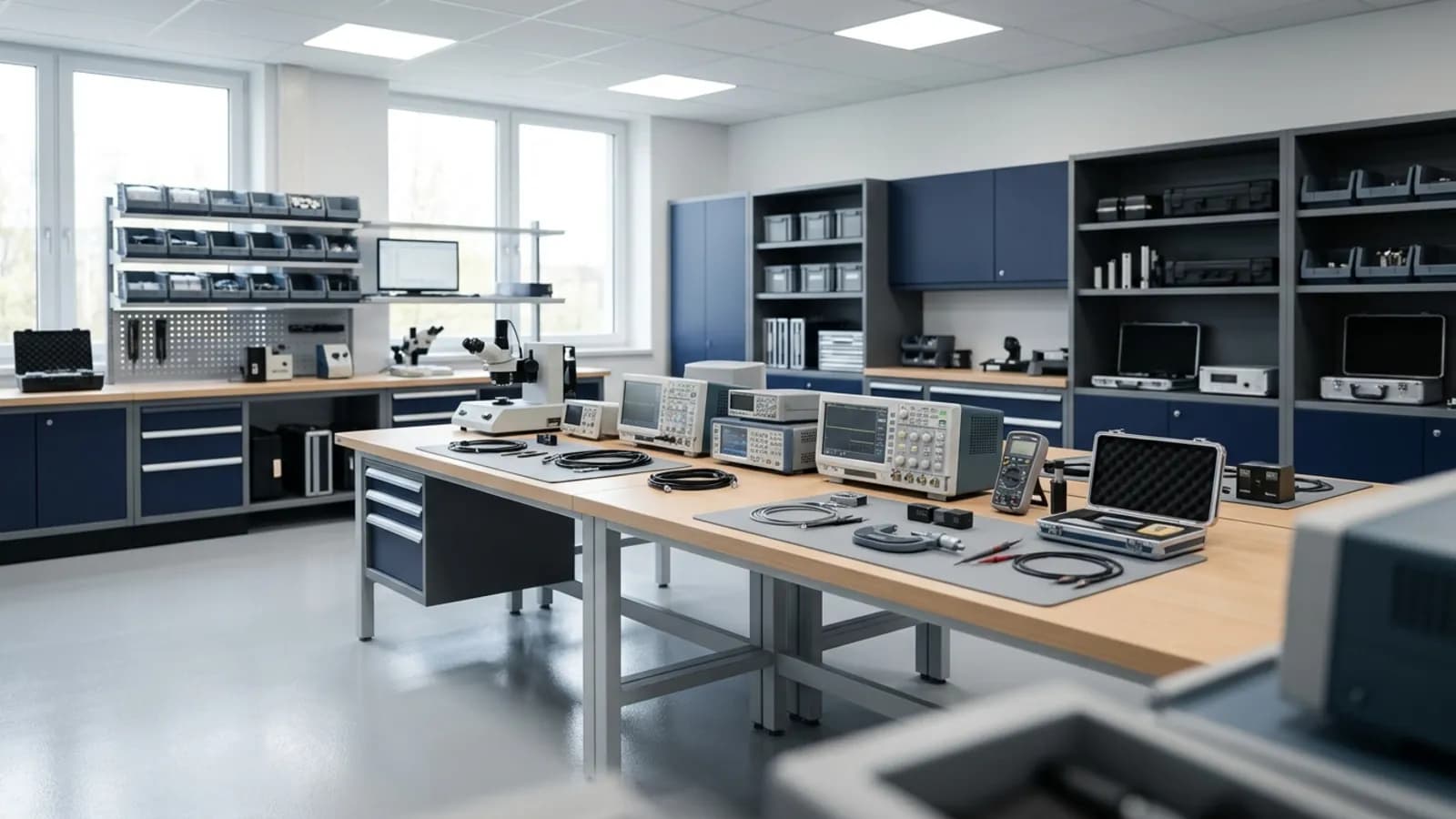 Laboratorio técnico con instrumentos de medición sobre el banco: sueldos de profesionales técnicos en Ecuador