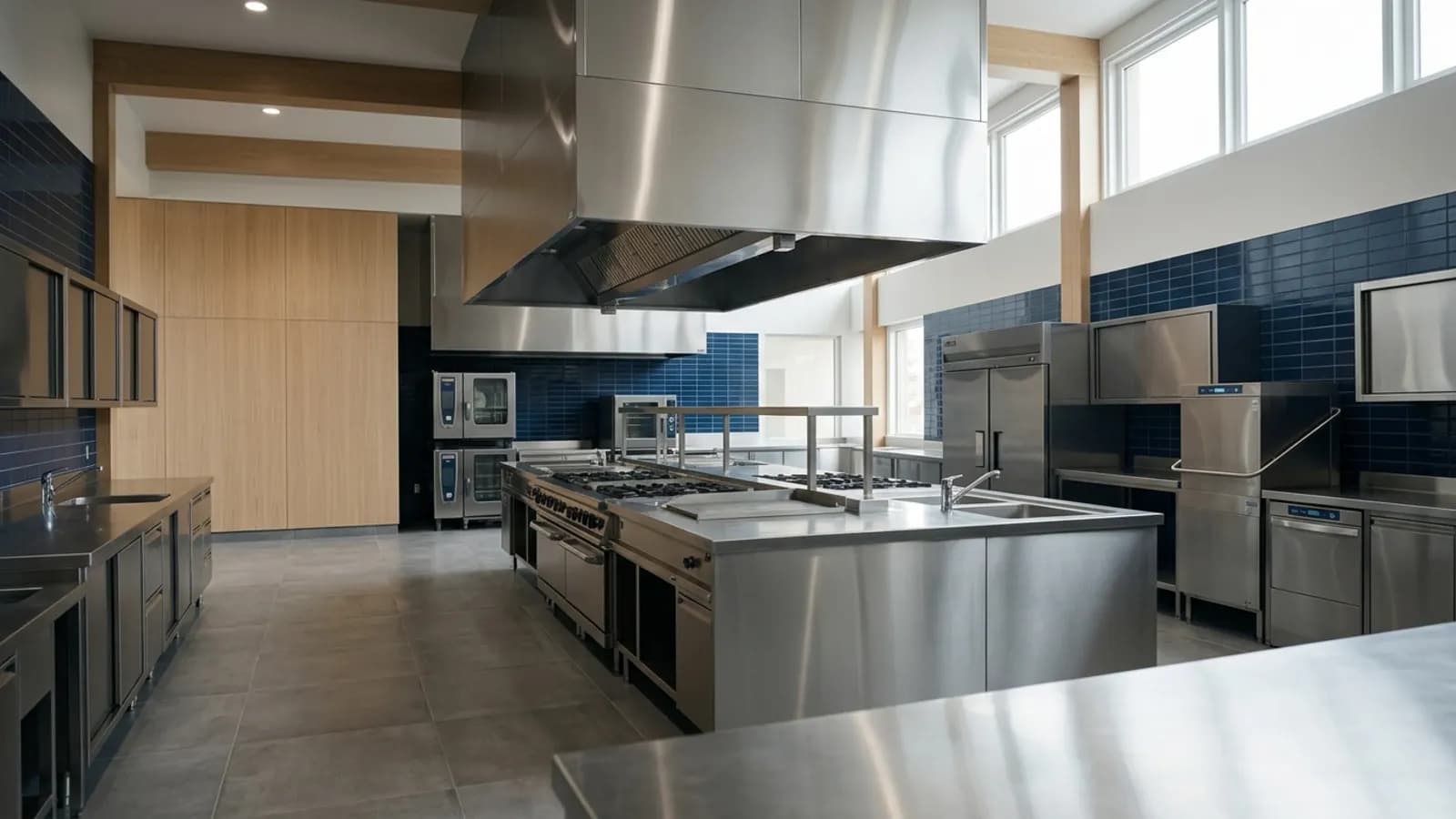 Cocina institucional de acero inoxidable impecable y vacía: sueldos del personal de servicios en Ecuador