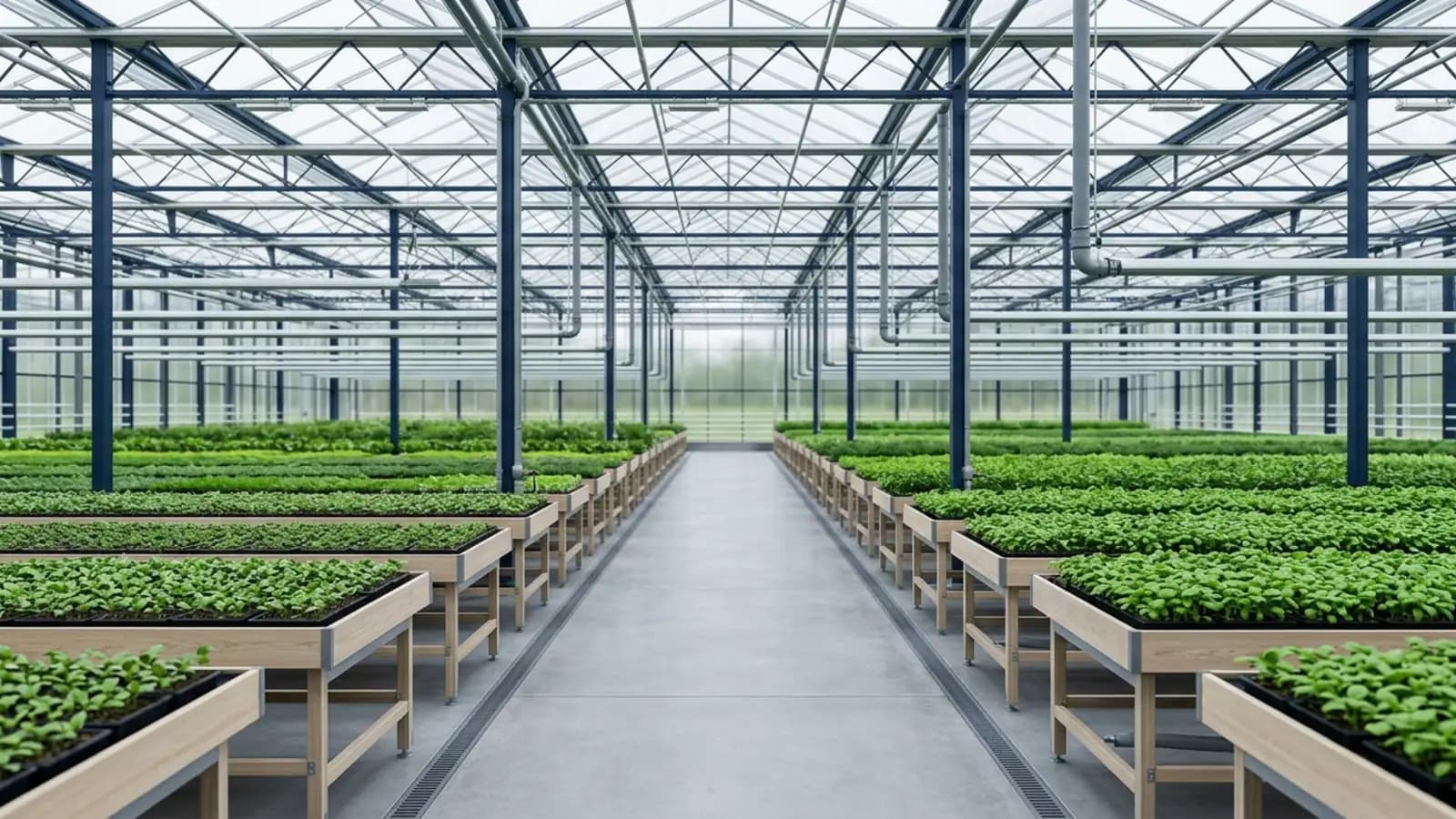 Invernadero agrícola moderno con hileras de cultivo ordenadas: sueldos del sector agrícola en Ecuador