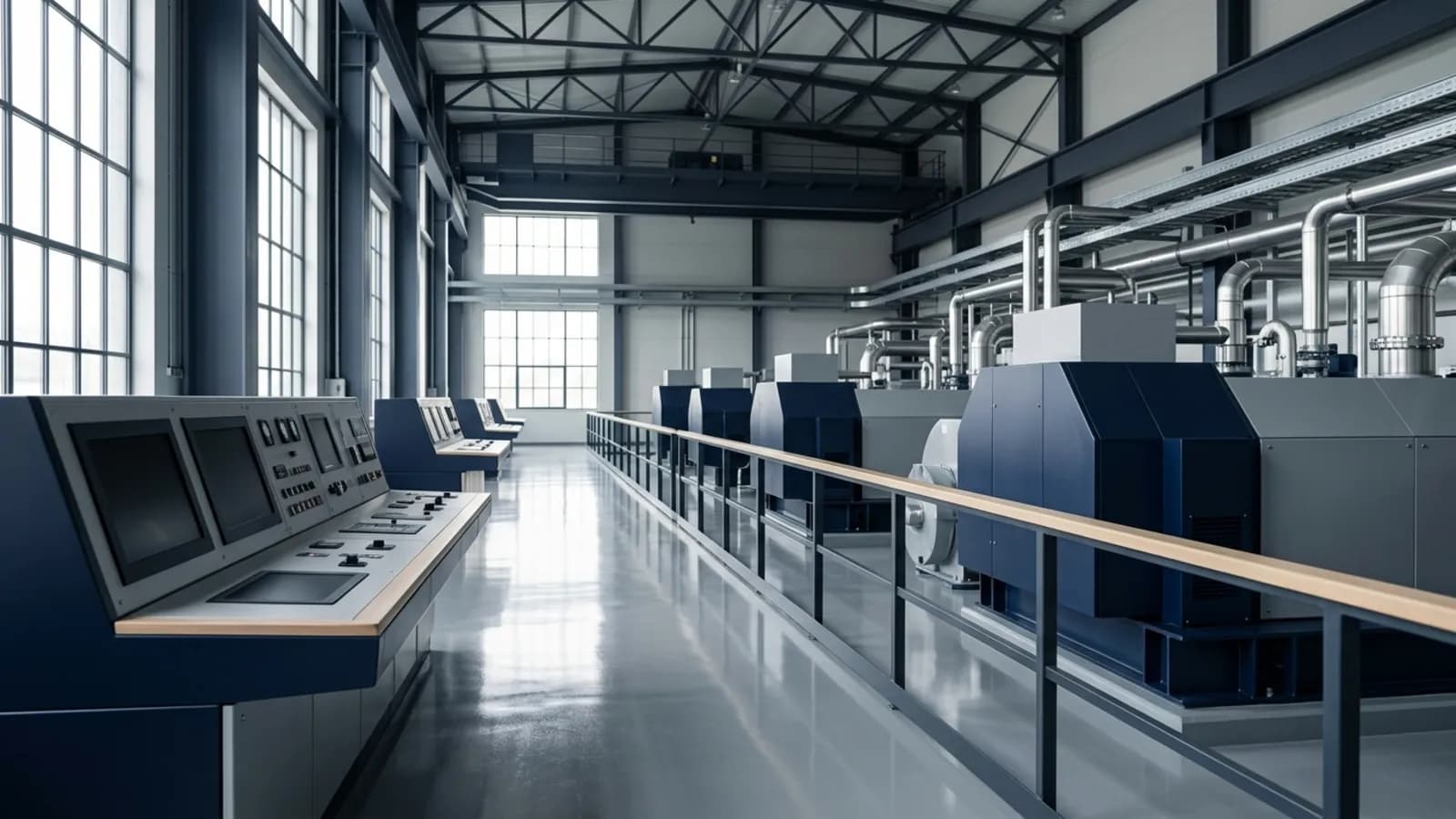 Sala de máquinas industrial limpia con tablero de control: sueldos de operadores de maquinaria en Ecuador