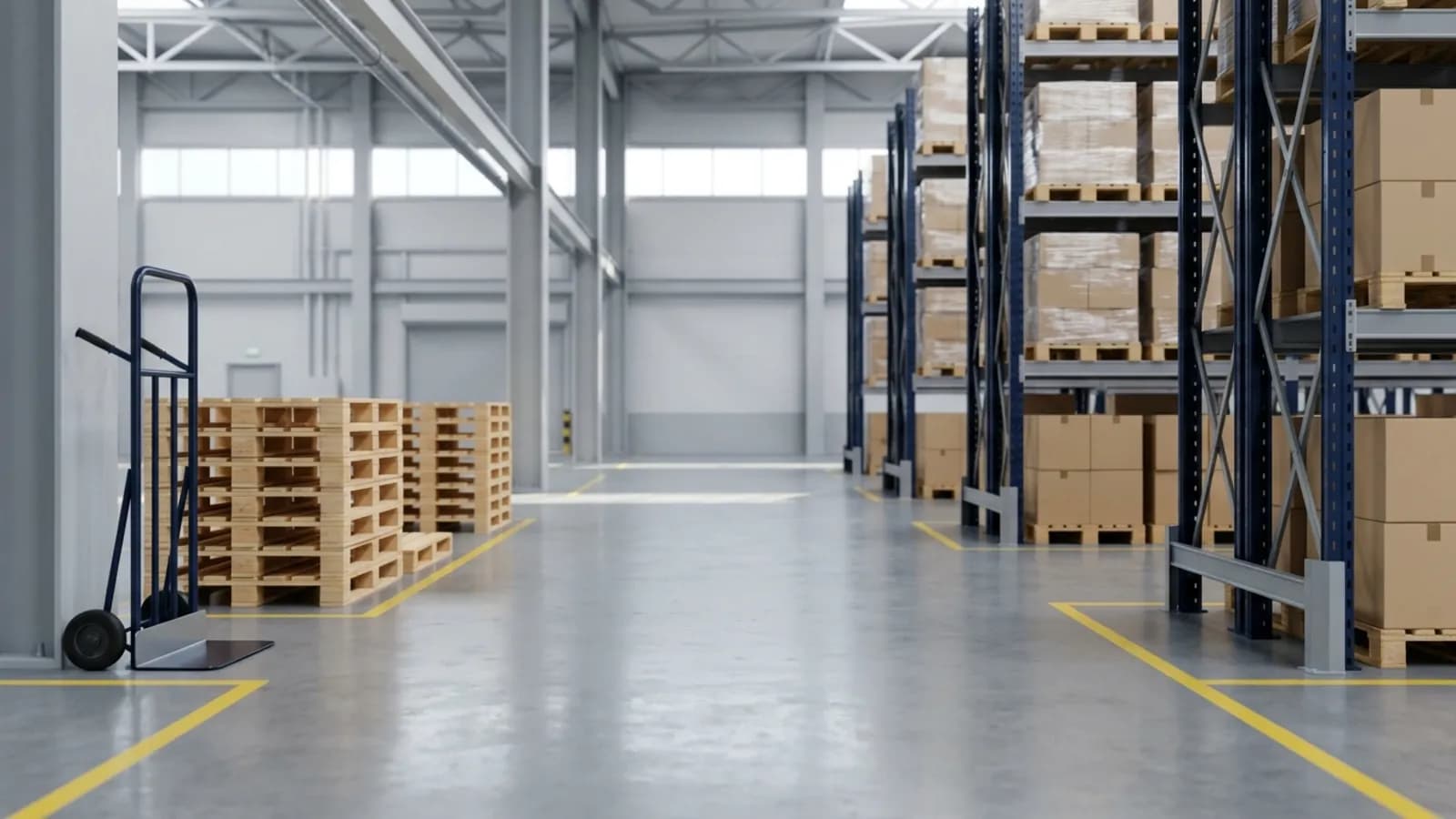 Zona logística de bodega ordenada con carretilla y pallets: sueldos de ocupaciones de apoyo en Ecuador