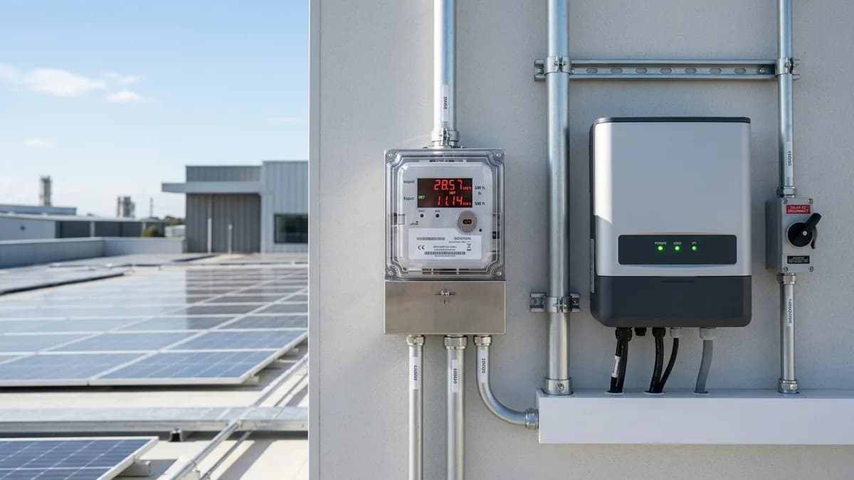 Medidor bidireccional e inversor fotovoltaico en la fachada de una planta industrial