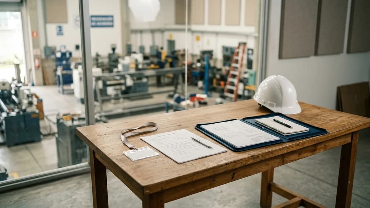 Mesa de evaluación de competencias laborales con cuestionario, credencial y casco en un taller industrial en Ecuador